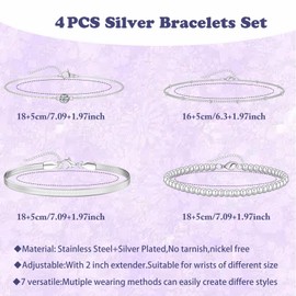 sawyofu Silver Bangles Bracelets For Womens 4pcs Adjustable Stackable Diamond Layered Beaded Bracelets Ladies Jewellery Sets