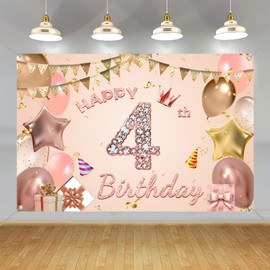 Happy 4th Birthday Decorations Backdrop Banner for Girls Happy 4 Years Old Party Fabric Sign Poster Girl Birthday Rose Pink Photo Background 4th Birthday Party Supplies, 59"x35.4"