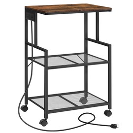 MAHANCRIS Mobile Printer Stand, 3-Tier Industrial Printer Cart with Power Outlets and 2 USB Ports, Rolling Printer Table on Wheels for Home Offices Kitchen Organization Rack, Rustic Brown PTHR78E01