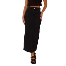 REORIA Women Denim Maxi Skirt Pencil Midi Skirts for Women Ladies Elegant Long Skirt with Four Pockets and Slit Hem Black XXL