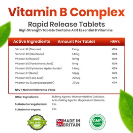 Vitamin B Complex High Strength, 30 Tablets (1 Month Supply) All 8 Vitamins B in 1 Tablet, Vitamins B1, B2, B3, B5, B6, B12, Biotin & Folic Vitamin B for Men & Women Vegan Made in The UK