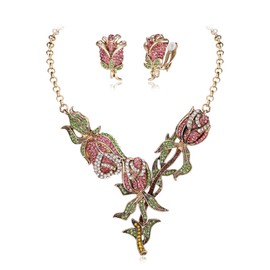 BriLove Costume Jewelry Set for Women Wedding Guest Dresses, Crystal Rose Flower Leaf Cluster Statement Necklace Dangle Drop Earrings for Party Prom Accessories Pink Antique-Gold-Tone