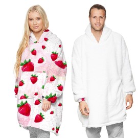 Loalirando Oversized Hoodie Blanket Fluffy Fleece Oodie Blanket Hoodie for Women Men Kids Wearable Hooded Blanket with Big Pocket Family Matching (Pink - Strawberry, 7-12 Years)