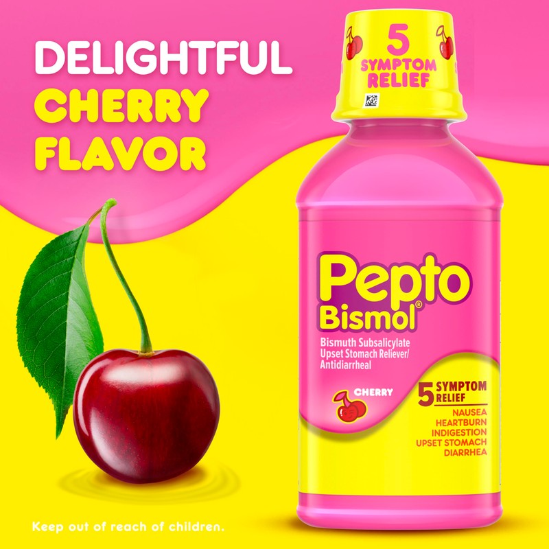 Pepto-Bismol Cherry Liquid 5 Symptom Relief including Upset Stomach &