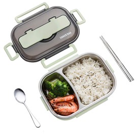 amropi Stainless Steel Lunch Box with 2/3/4/5 Compartments, with Sticks and Spoon, Bento Box for Hiking/Travel/School/Office (Green, 2 Compartments)