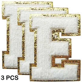 Iron on Letter Patch 3Pcs Varsity Glitter Chenille Letter Patches 4.5 inch for Clothing Backpacks Team Costume Decoration Golden Edge White E