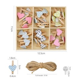 30 Stück Herz Holzklammern Klein mit 10m Fotoseil und 6 Spurlosen Nägeln zum Aufhängen Fotoleine, Bunte Wäscheklammern Holz für kreative und schöne Foto DIY Dekoration Kinderzimmer Wanddekoration