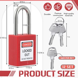 Landhoow 12 Set Lockout Tagout Locks and Keys Kit Loto Locks Different Safety Lock 2 Keys Per Lock Tag Out Padlocks for Electrical Lockout Tag Out Stations and Devices Kits (Red)