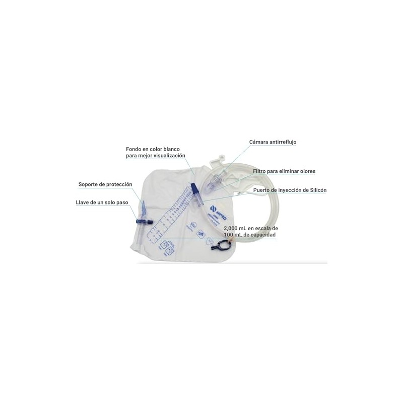 Bolsa Recolectora de Orina Nipro 2000 mL, con Cámara Antirreflujo,