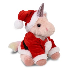 DolliBu Pink Unicorn Stuffed Animal Plush Toy with Red Santa Outfit - 9 Inches