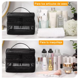Cosmetiquera de Viaje de Gran Capacidad, Bolsa de Almacenamiento Multifuncional Holográfica Portátil de Doble Capa,Adecuada para Cosméticos,Artículos de Tocador (Negro)