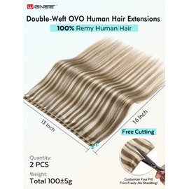 WIGNEE Double Invisible PU OVO Human Hair Extensions 100% Remy Hair Weft Black Hair Extensions Human Hair 2 PCS 16 Inch No Glue Genius Weft Micro Bead Real Human Hair Extensions (9A/60)
