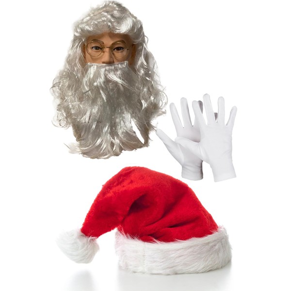 Dreamzfit - Men's Deluxe Santa Hat + White Wig with Beard & Eyebrows + Gloves - Christmas Xmas Novelty Fancy Dress Up Accessories Party Prop, Red / White, Adult One Size