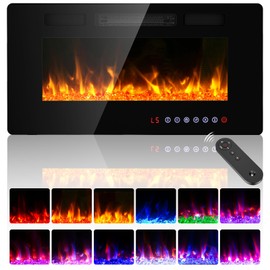 BREEZEHEAT 36 inch Ultra Thin Electric Fireplace Wall Mounted-Fireplace Inserts for Living Room/Bedroom with Remote Control, Touch Screen, Colorful Flame, 8H Timer,750w/1500w