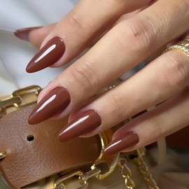 Fall Almond Press on Nail Medium Autumn Brown Fake Nail Solid False Nail for Women Girls -24pcs Glue on Nail