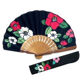 Hana-Kanzashi Women's Folding Fan, Round Shape Folding Fan Bag Set, Case Included, Camellia, Camellia, Flower Pattern, Women's, Navy Blue, Stylish, Cute, 8.3 inches (21 cm) Camellia, navy