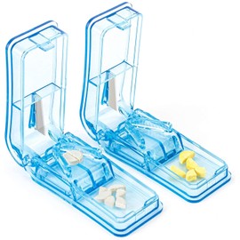 Timotech Cortadores de pastillas profesionales con punta de acero inoxidable y espacio para almacenar | Pastillero y cortador de píldoras con compartimento para almacenar medicamentos (2 piezas) (Azul)