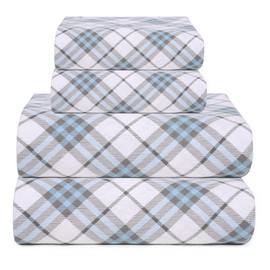 Bliss Casa 4 Piece 100% Cotton Flannel Sheets Full Size Bed Set - Warm & Extra Soft - Deep Pockets, Breathable, All Seasons Comfy - Double Brushed Bed Sheet (Blue Check)