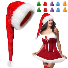 Long Christmas Hat, Adult Plush Santa Hat with Thick Fur Edge, Santa Claus Hat with 10 Pieces Mini Christmas Hat, Random Colour