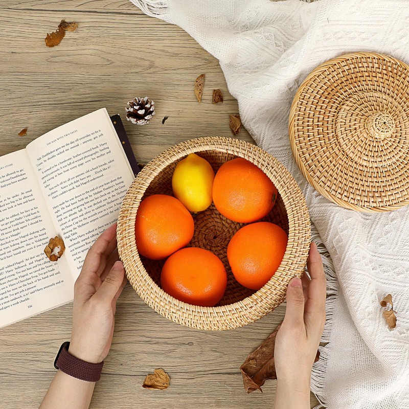 IGNPION Rattan Storage Basket with lid Multi-Purpose Decorative Storage Baskets