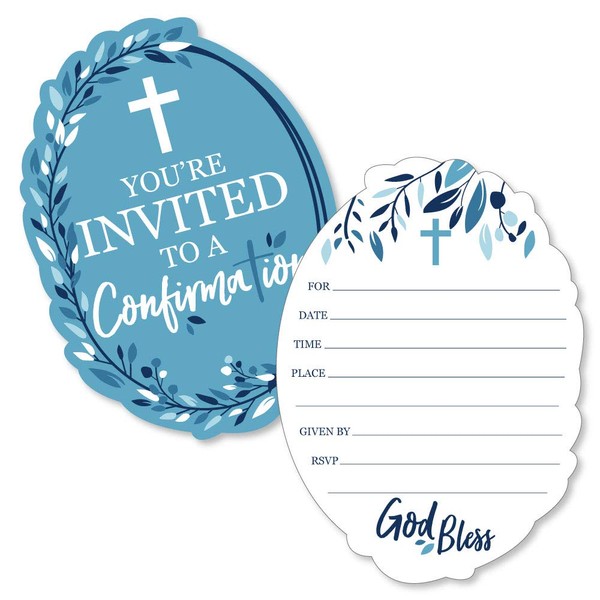 Confirmation Blue Elegant Cross - Shaped Fill-in Invitations - Boy Religious Party Invitation Cards with Envelopes - Set of 12