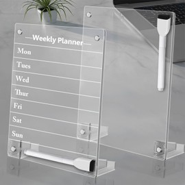 2PCS Acrylic Dry Erase Board with Stand for Desk, 12x8" Small Desktop Weekly Whiteboard Magnetic Clear Calendar Memo Board for Fridge, Office, School, Home