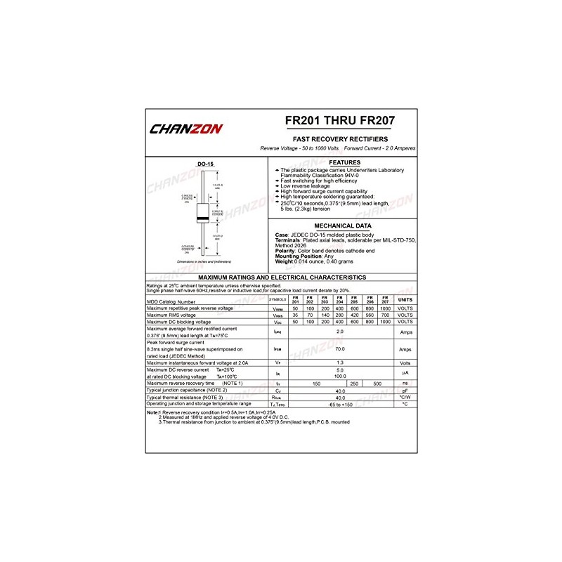 (Pack of 100) Chanzon FR207 Fast Recovery Rectifier Diode 2A