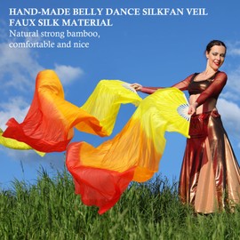 KIKIGOAL 1 Pair Women Faux Silk Belly Dance Fan Veil,Handmade Silk Dancing Fan,Bamboo Long Fans Veils For Dance Performances (Gradual Red)