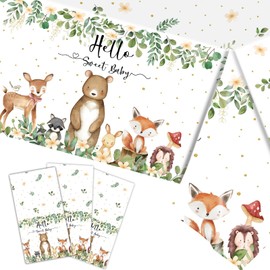 3-Piece 54 x 108 Inch Woodland Baby Shower Tablecloth – Oh Baby Forest Animal Design Disposable Rectangle Plastic Table Cover for Gender Neutral Parties, Dining, Picnic, Indoor or Outdoor Decorations
