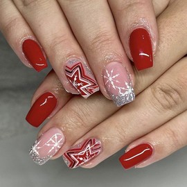 Christmas Press On Nails Short Square Fake Nails with Xmas Glitter Snowflakes Colorful Stripes Five-pointed Star Designs Winter False Nails Full Cover Stick on Nails Artificial Nails for Women 24Pcs