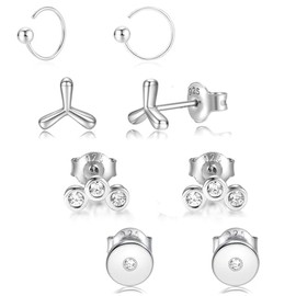 Sterling Silver Stud Earrings Set,18K Gold Plated Small Hypoallergenic Cubic Zirconia Hoop Earrings Pack for Women （4 Pairs）