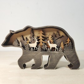 Drawelry 3D Forest Animal Wood Craft Wooden Craft Forest Animals Creative Wooden Statue Christmas Wall Hanging Decoration Craft Retro Wooden Sculpture for Office and Home Decoration (Forest Bear)