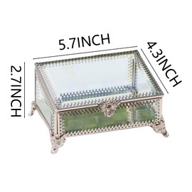 DHCGPP Vintage bevelled Glass Jewelry Box with Hinged Lid, Jewelry Ring, Bracelet, Souvenir Metal Display Box, Transparent Storage Box.(5.7x4.3x2.7Inches)