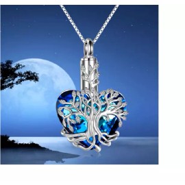 Fashion Jewelry CREMATION URN BLUE HEART TREE MEMORIAL pendant 20" 925 Sterling Silver Necklace