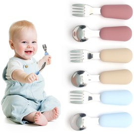 Juego de 6 Cubiertos para Niños pequeños,cubiertos de Acero inoxidable para niños con mango de silicona de calidad alimentaria de sin BPA,Vajilla adecuada para entrenar la prensión del bebé (VC9-DC1)