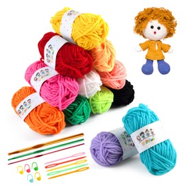 MIHURO Beginners Crochet Kit, 12x10g Polyester Crochet Yarn, Knitting Kit with Crochet Hooks Stitch Markers Needles, Kids Crochet Starter Kit for DIY Crafts, Kids Adults (12 Colours)