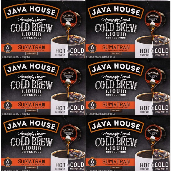 JAVA HOUSE Cold Brew Coffee, Dark Roast Coffee Concentrate Liquid Pods - 1.35 Fluid Ounces (6 count liquid pods per box) Enjoy Hot Or Iced (Sumatran, 6 boxes x 6 pods = 36 Count)