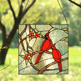 HomeBeauty Cardinal Stained Glass Window Panel- Tiffany Style Window Hanging- Red Bird Ornaments -12" Wx12 H Suncatcher- Wall Decorations for Home Office