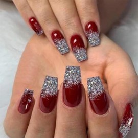 SINHOT Coffin Press on Nails Medium - Red Cat Eye Fake Nails Glossy Glue on Nails Acrylic Nail Art Ballerina Artificial Nail Silver Bling Glitter Stick on False Nail with Design DIY 24 pcs