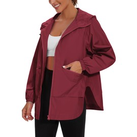 PESION Women's Waterproof Raincoat Lightweight Rain Jacket Hooded Windbreaker With Pockets for Outdoor, Burgundy, Small