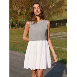 BerryGo Womens Summer Sweatshirt Dresses Sleeveless Crewneck Pleated Patchwork Babydoll Mini Dress for Party Travel(Grey,Small)