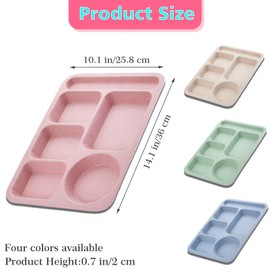 ZGWANSUI Wheat Straw Divided Plates, 5 Compartment Plates Reusable, Plastic School Lunch Tray with Dividers for Adults, Food Section Plates Diet Dinner Serving Platter, Dishwasher Safe (Green)