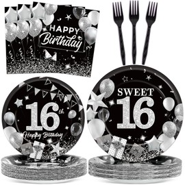 gisgfim 96Pcs 16th Birthday Decorations Black and White Silver Paper Plates Napkins Disposable Happy 16th Birthday Tableware Dinnerware Sweet 16 Party Supplies Table Decor Favors Girl Boy Serves 24