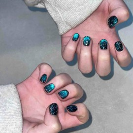 Short Press on Nails Square False Nails Glossy Glitter Fake Nails Square Acrylic Nails French Green Stick on Nails Gentle Art Nails Full Cover Glue on Nails for Women Decoration Manicure 24 PCS