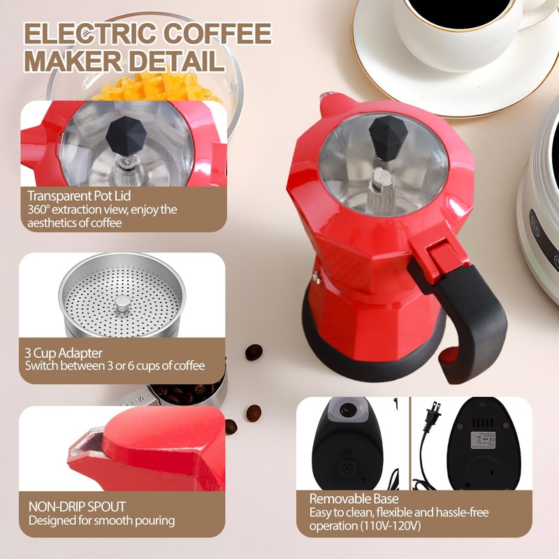 Aluminum Electric Moka Pot 5-6 Cup 270ml Express Coffee Maker
