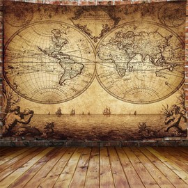 JAWO Old World Map Tapestry, Vintage Wanderlust Pirate Map Tapestry Wall Hanging for Bedroom, Historical Atlas Tapestries Poster Beach Blanket College Dorm Home Decor (90W X 70H)