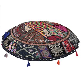 Stylo Culture Indian Decorative Round Floor Cushion Cover Boho 70 x 70 cm Large Meditation Cushion Vintage Black Bohemian Patchwork Bean Bag Seat Cushion Cotton Embroidered Floor Cushion Ethnic