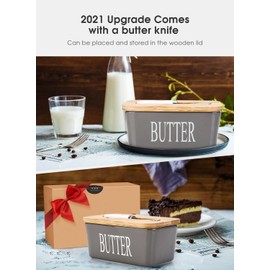 Butter Dish with Lid for Countertop, Large Butter Dish, Ceramics Butter Keeper Container with Knife and High-Quality Silicone Sealing Butter Dishes with Covers Good Kitchen Gift Grey