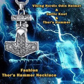 Viking Jewellery Thor's Hammer Necklace for Men, Women Stainless Steel Odins Helmet Pendant Mythology Jewelry Charm - Silver Norse Mjolnir Protective Neck Chain