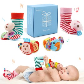 Infant Rattle Socks Toys 0 to 12 Months, Baby Wrist Rattle Foot Finder Socks Set, Birthday Holiday Present for Newborn Boy Girl 0/3/4/6/7/8/9/12/18 Months Kids Toddler, Gift Box Package (4A)
